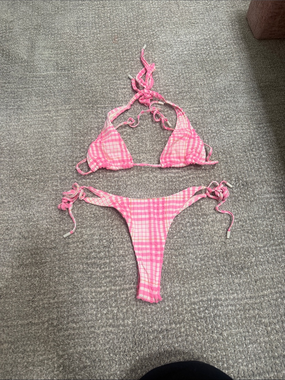 triangl swimwear Pink Plaid Tie-Side Bikini Set
